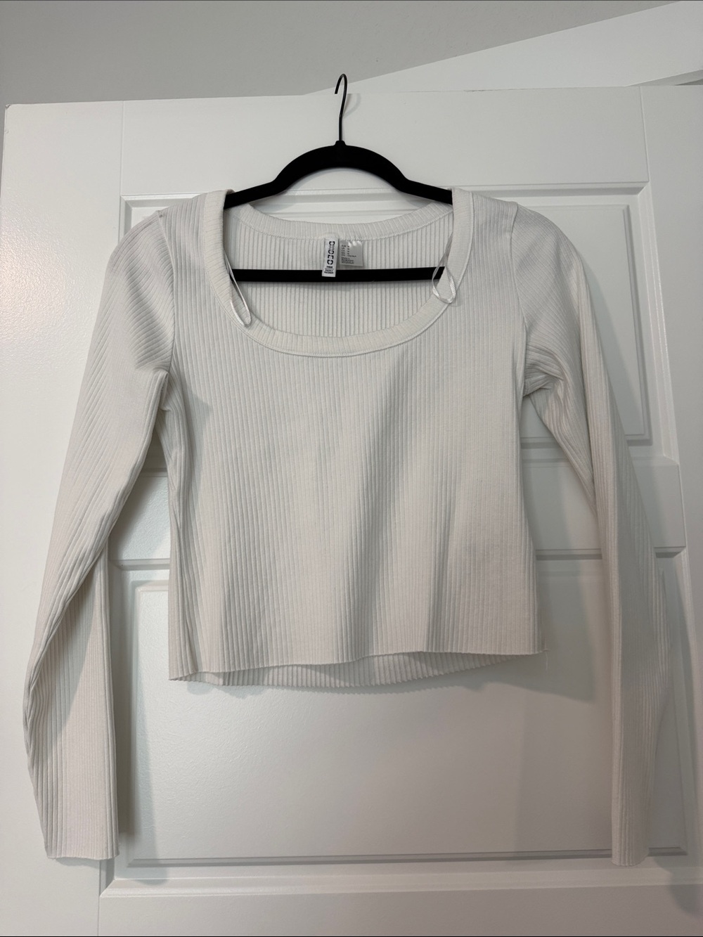 Divided White Ribbed Scoop Neck Long Sleeve Top